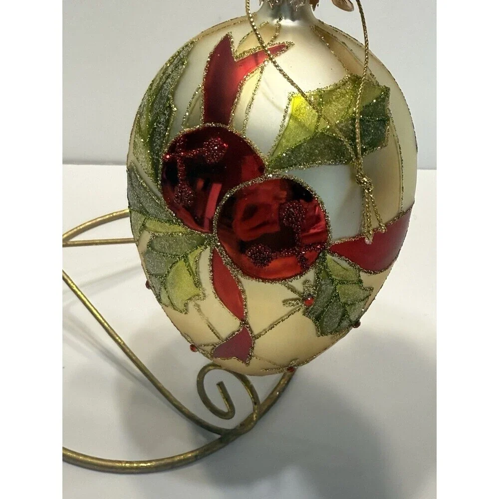 VTG W.C Gold Teardrop Christmas Ornament Hand Painted Berry Holly Glitter Glass
